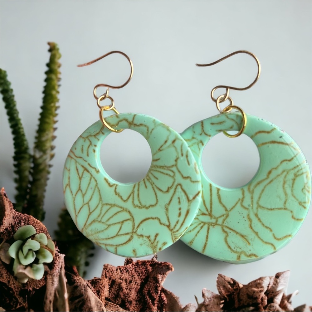 Mint gold floral hoops